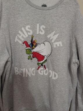 Men's Dr. Sue's Grinch Sweater Gray Christmas Sweater XL 'This Is Me Being Good'